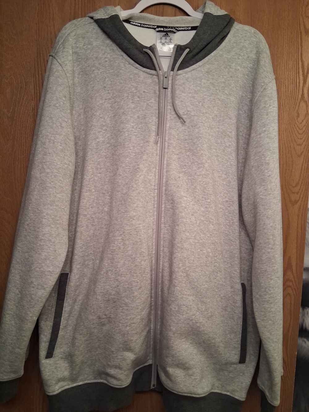 adidas Men's Light Gray Full-Zip Hoodie with Dark Gray Trim